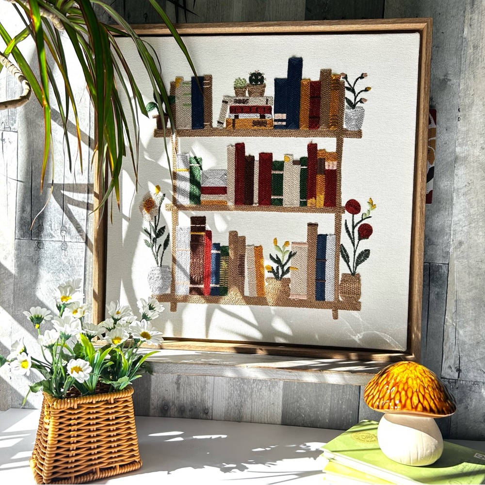 🌴Studious Embroidery Bookshelf Wall Art | Books & Plants